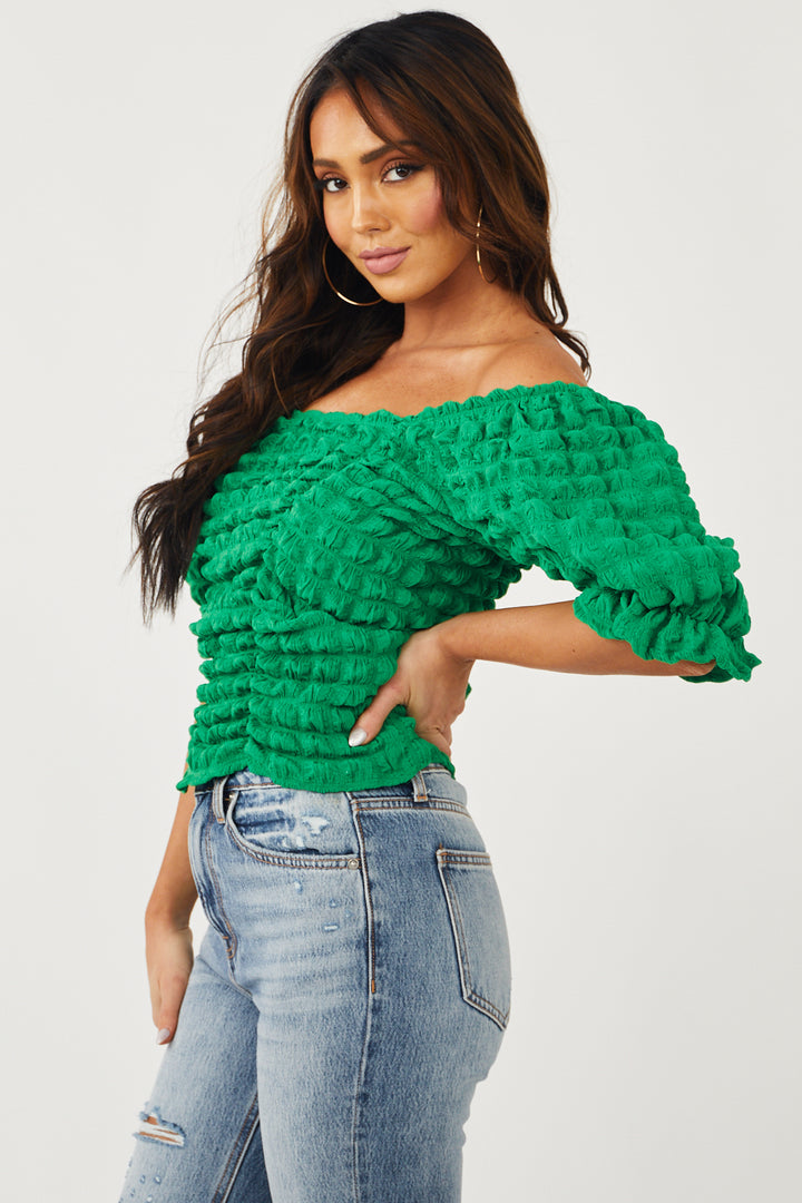 Jade Green Square Neck Puffy Textured Blouse