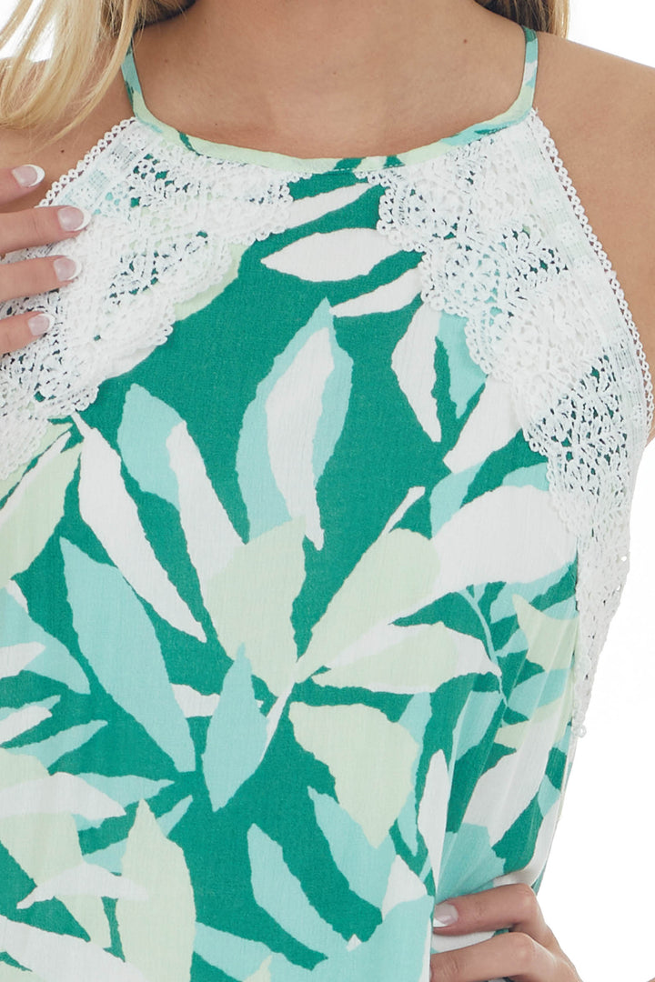 Jade Leaf Print Halter Neck Short Dress