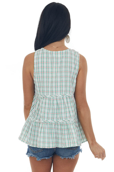 Jade Plaid Button Up V Neck Tiered Tank Top