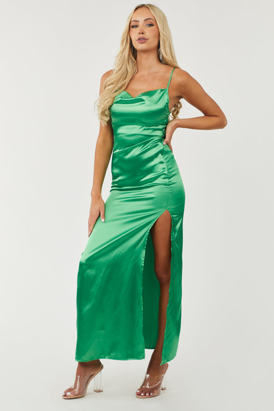 Jade Satin Cowl Neckline Sleeveless Maxi Dress