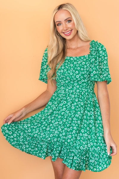 Jade Floral Open Back Bell Sleeve Short Dress