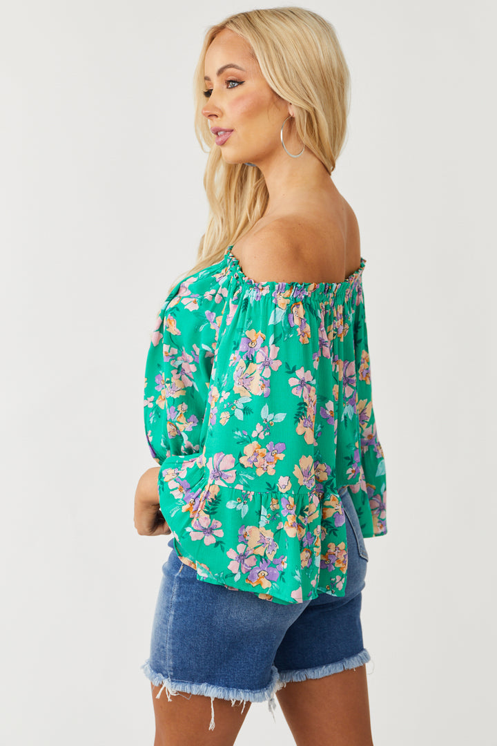 Kelly Green Floral Print Off the Shoulder Top