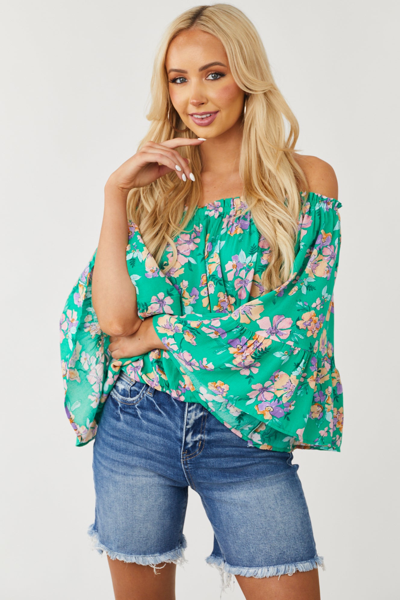 Kelly Green Floral Print Off the Shoulder Top