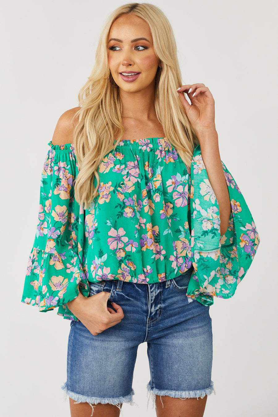 Kelly Green Floral Print Off the Shoulder Top