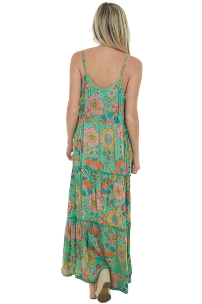 Kelly Green Floral Sleeveless Tiered Maxi Dress