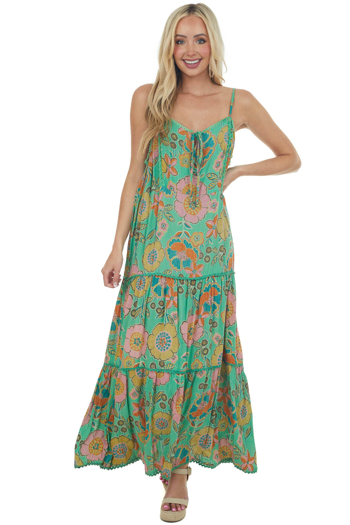 Kelly Green Floral Sleeveless Tiered Maxi Dress