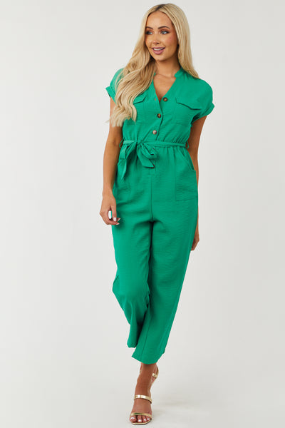 Kelly Green Short Sleeve Button Up Jumpsuit