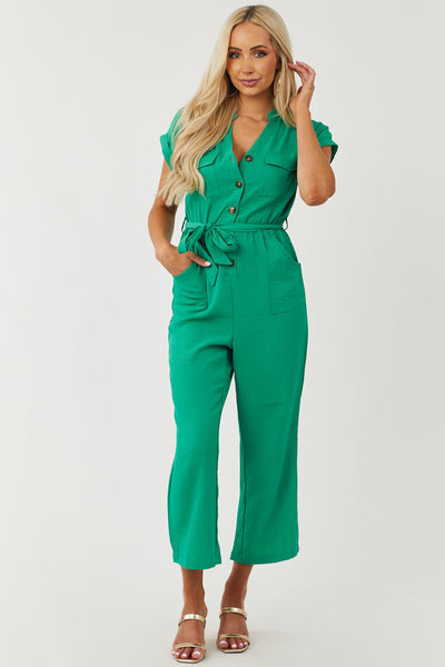 Kelly Green Short Sleeve Button Up Jumpsuit