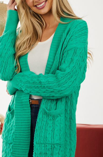 Kelly Green Thick Cable Knit Pocket Cardigan