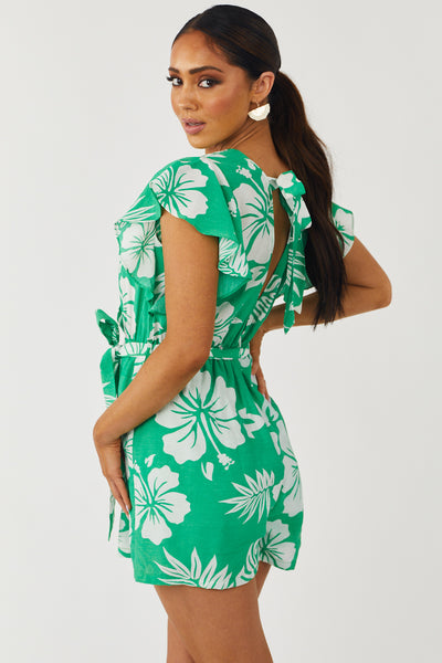 Kelly Green Tropical Print Romper with Waist Tie