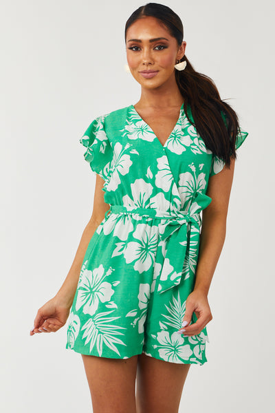 Kelly Green Tropical Print Romper with Waist Tie