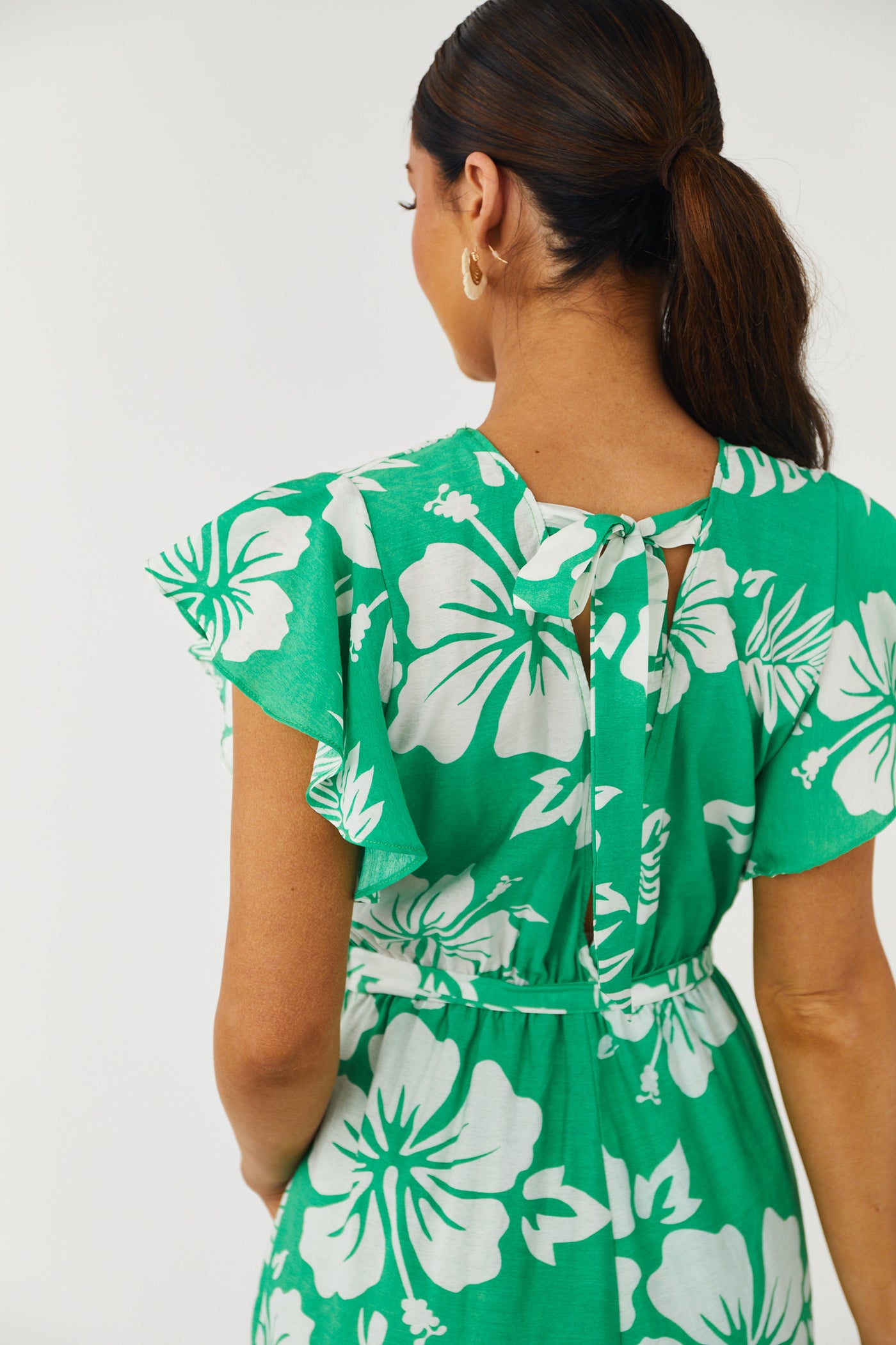 Kelly Green Tropical Print Romper with Waist Tie | Lime Lush