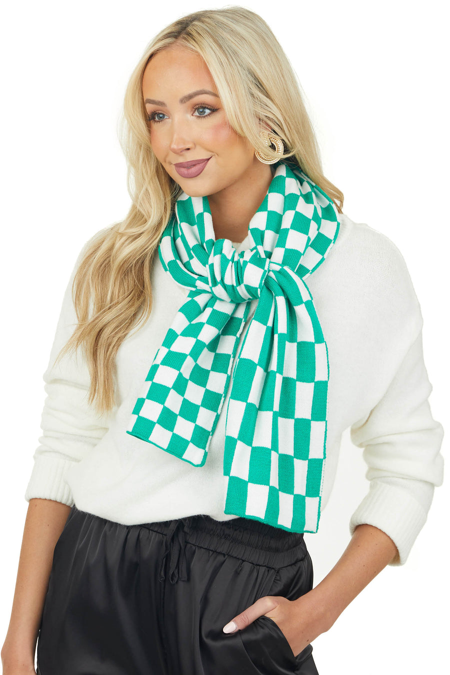 Kelly Green and Off White Checkered Print Knit Scarf