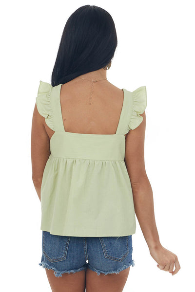 Key Lime Button Up Square Neck Ruffle Tank Top