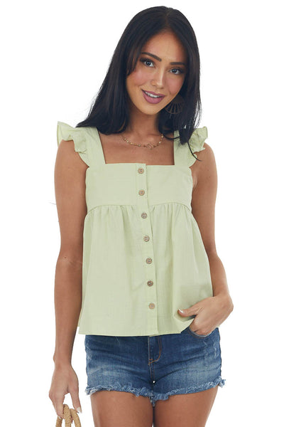 Key Lime Button Up Square Neck Ruffle Tank Top