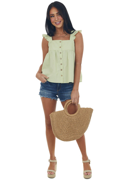 Key Lime Button Up Square Neck Ruffle Tank Top