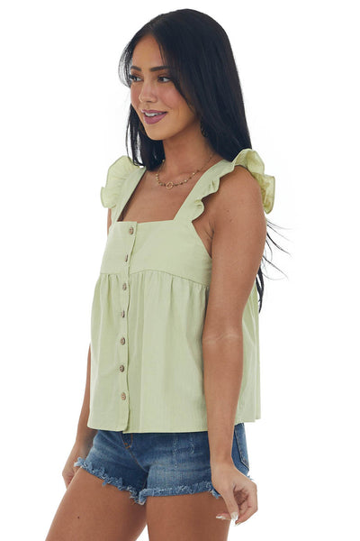 Key Lime Button Up Square Neck Ruffle Tank Top