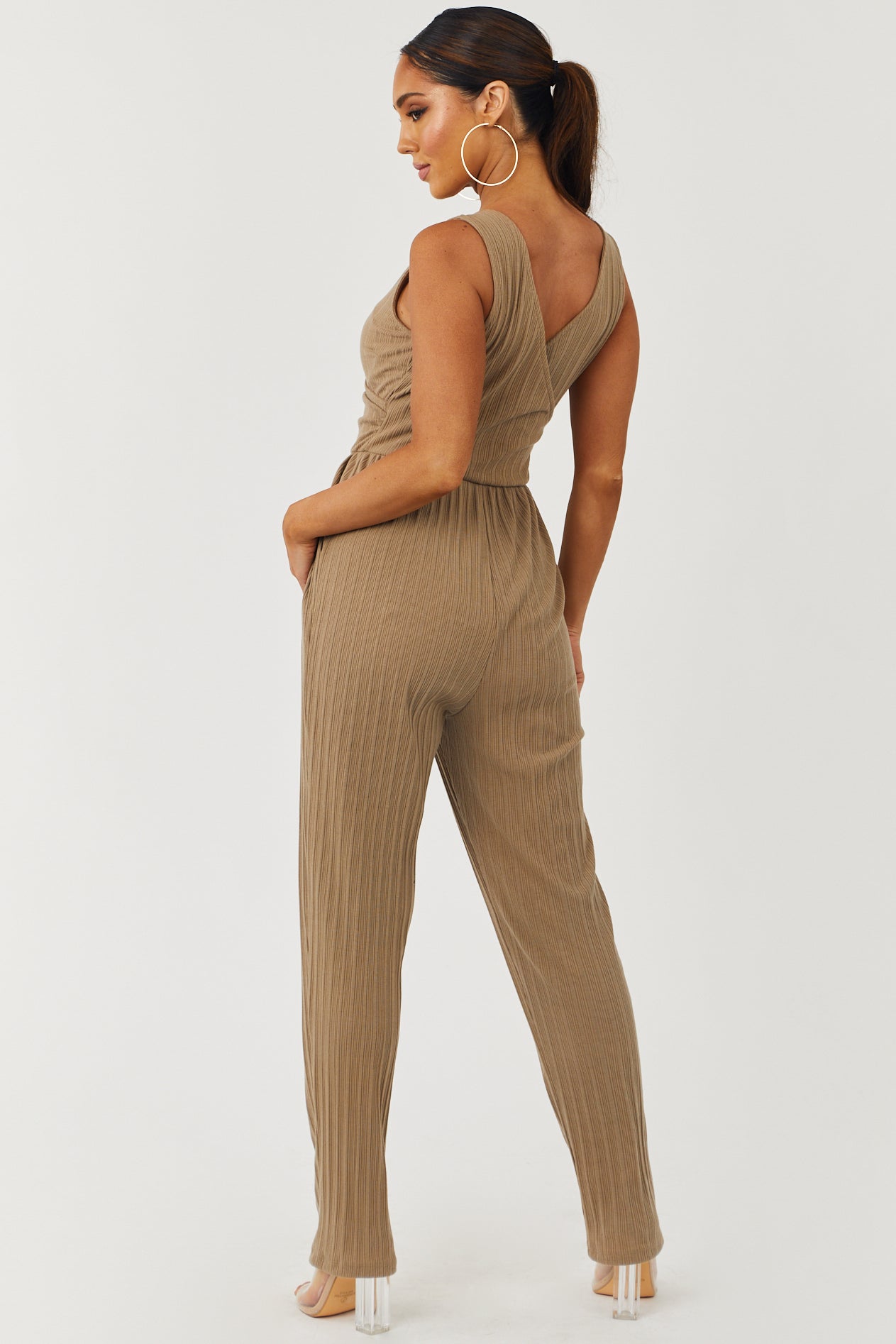 Latte Faux Wrap Sleeveless Ribbed Knit Jumpsuit