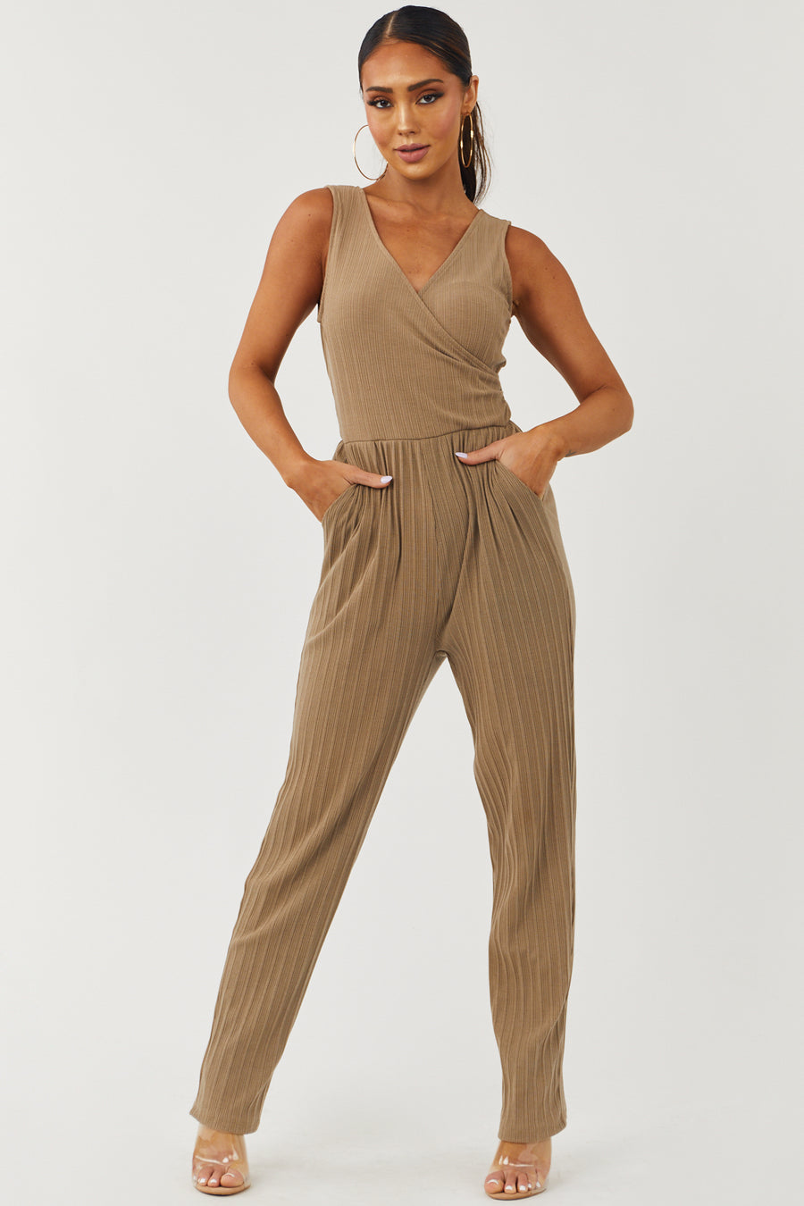 Latte Faux Wrap Sleeveless Ribbed Knit Jumpsuit