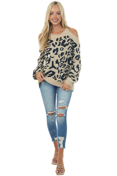 Latte Leopard Print Cold Shoulder Cozy Sweater