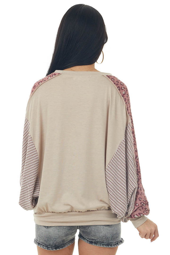 Latte Top with Leopard Print Bat Wing Sleeves
