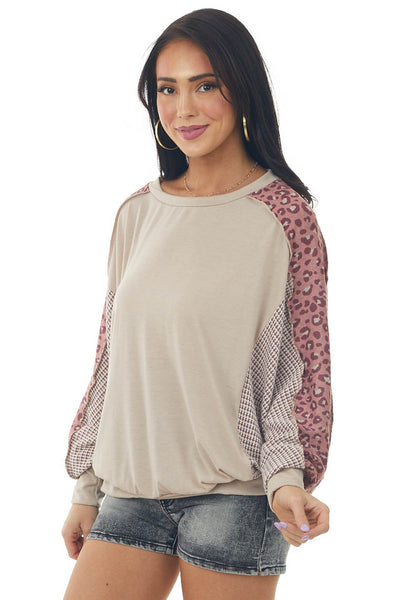 Latte Top with Leopard Print Bat Wing Sleeves
