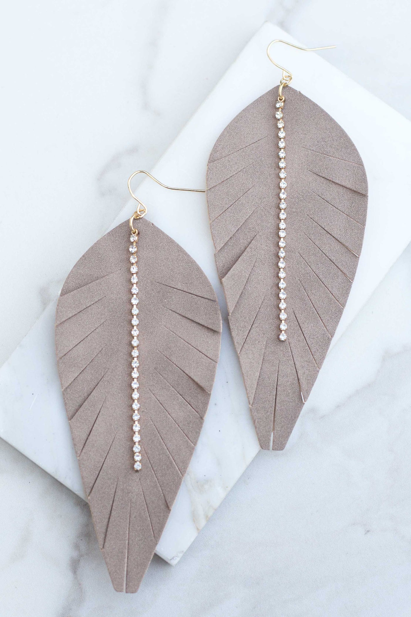 Latte Feather Earring with Rhinestone Chain