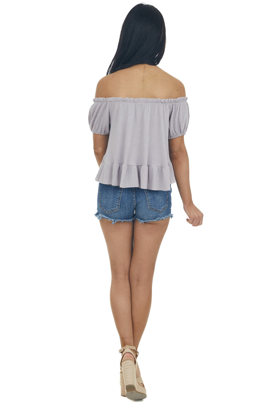 Lavender Boat Neckline Ribbed Knit Crop Top with Ruffles