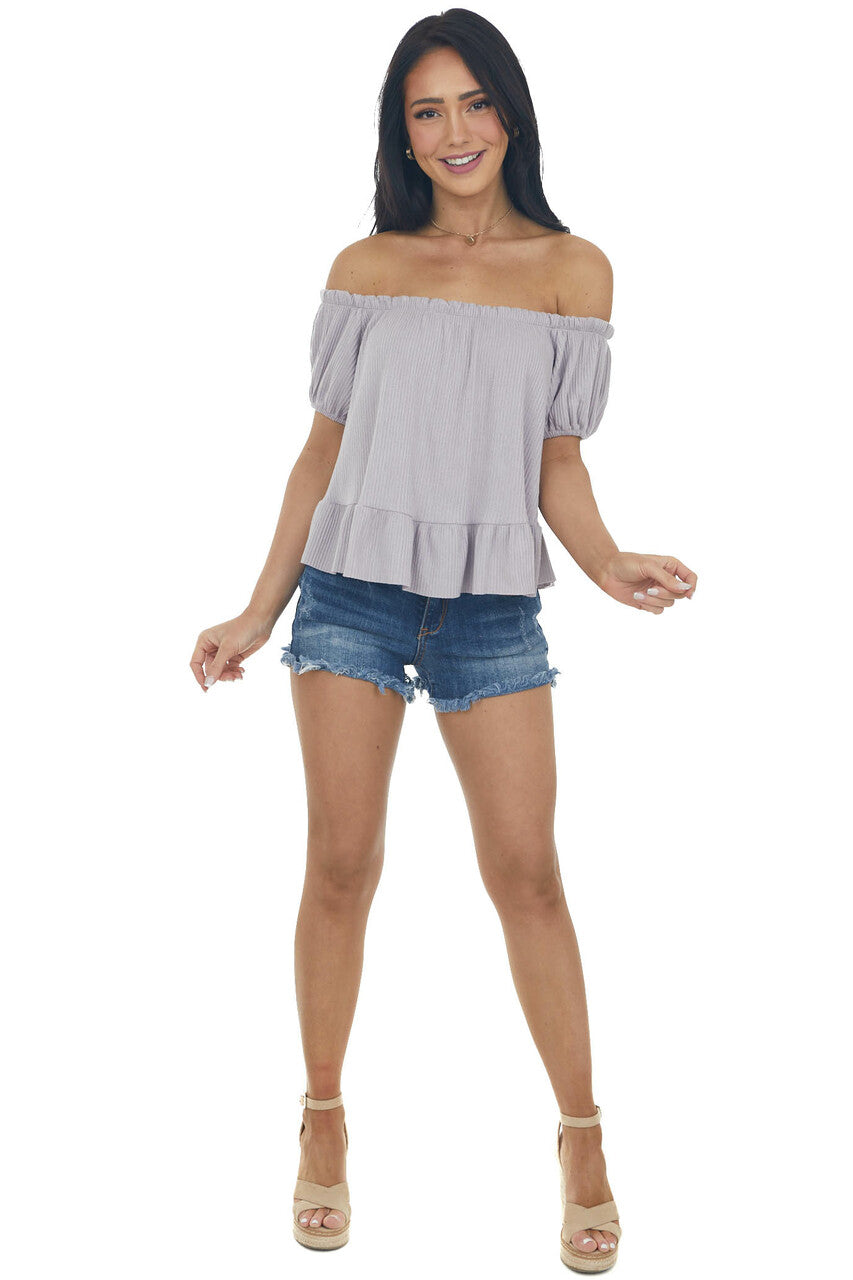 Lavender Boat Neckline Ribbed Knit Crop Top with Ruffles