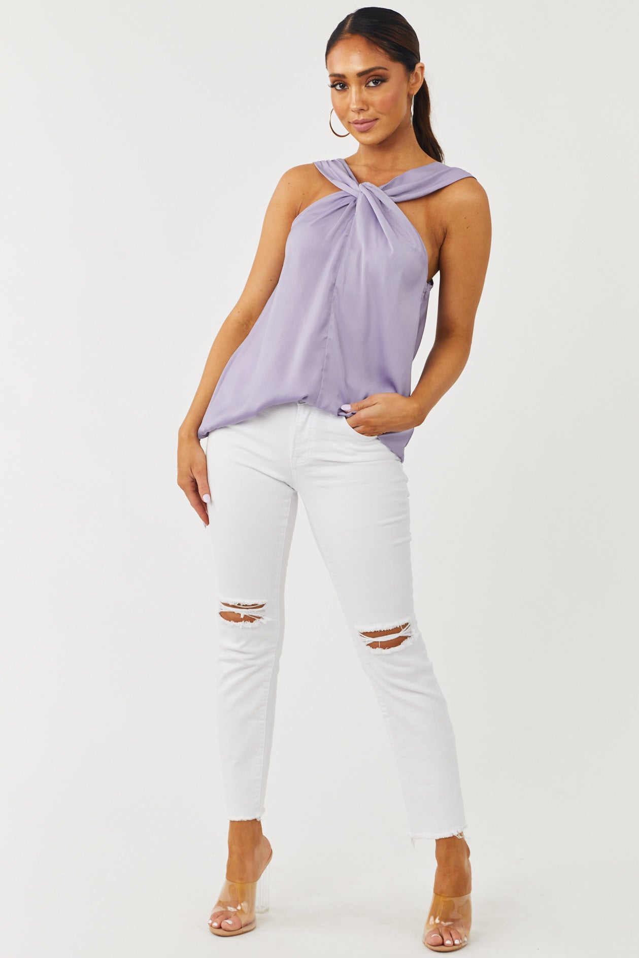 Lavender Front Twist Silky Sleeveless Blouse