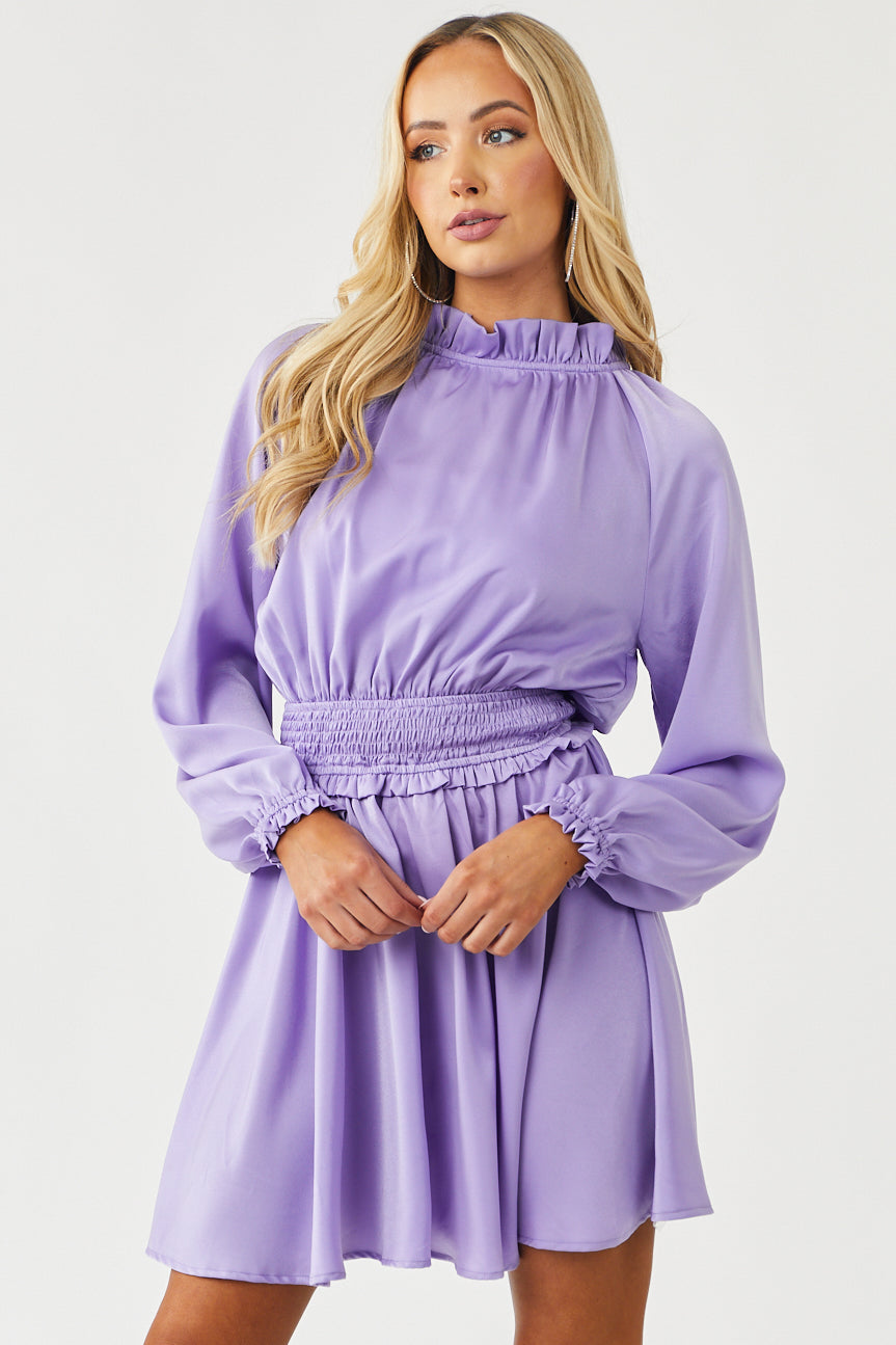 Lavender Mock Neck Smocked Waist Mini Dress