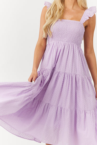 Lavender Swiss Dot Ruffle Strap Smocked Dress