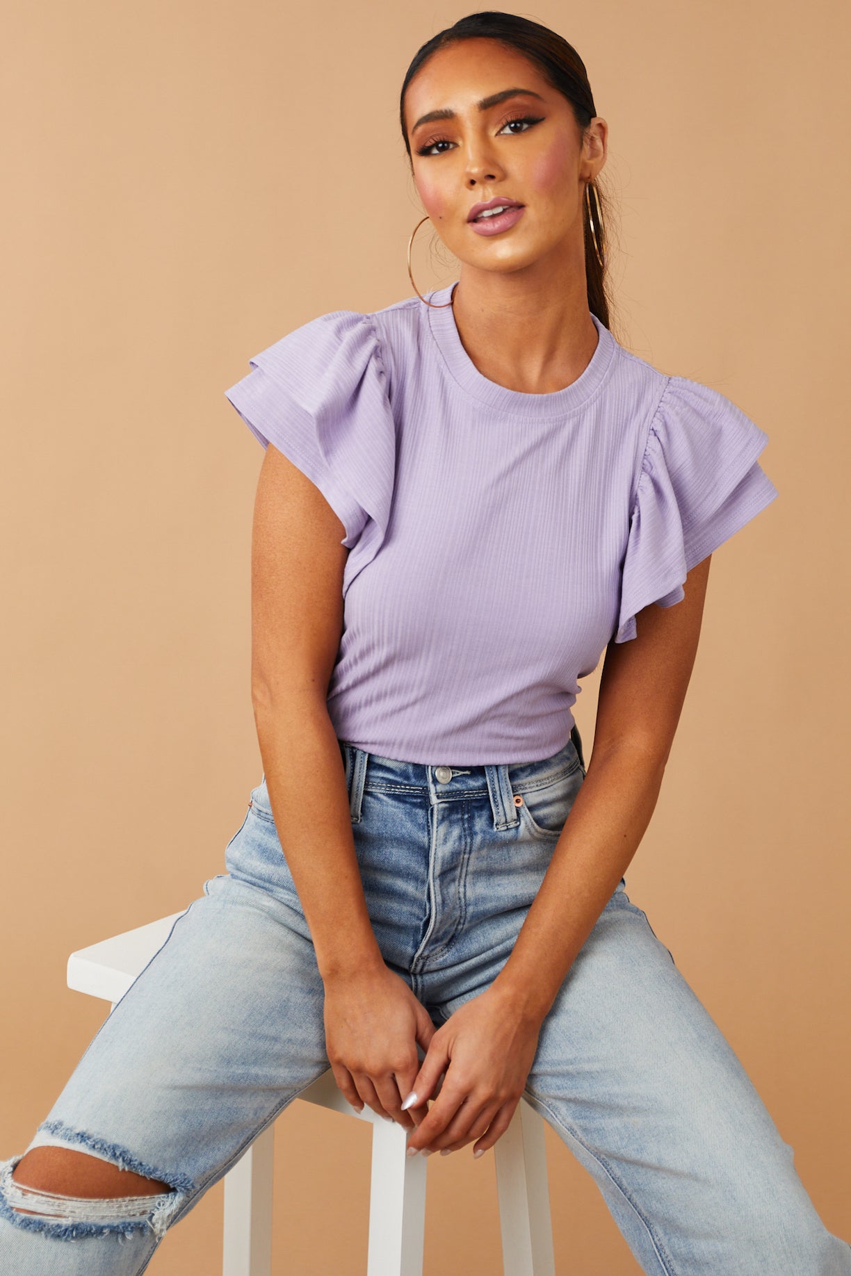 Lavender Tiered Ruffle Sleeve Ribbed Knit Top