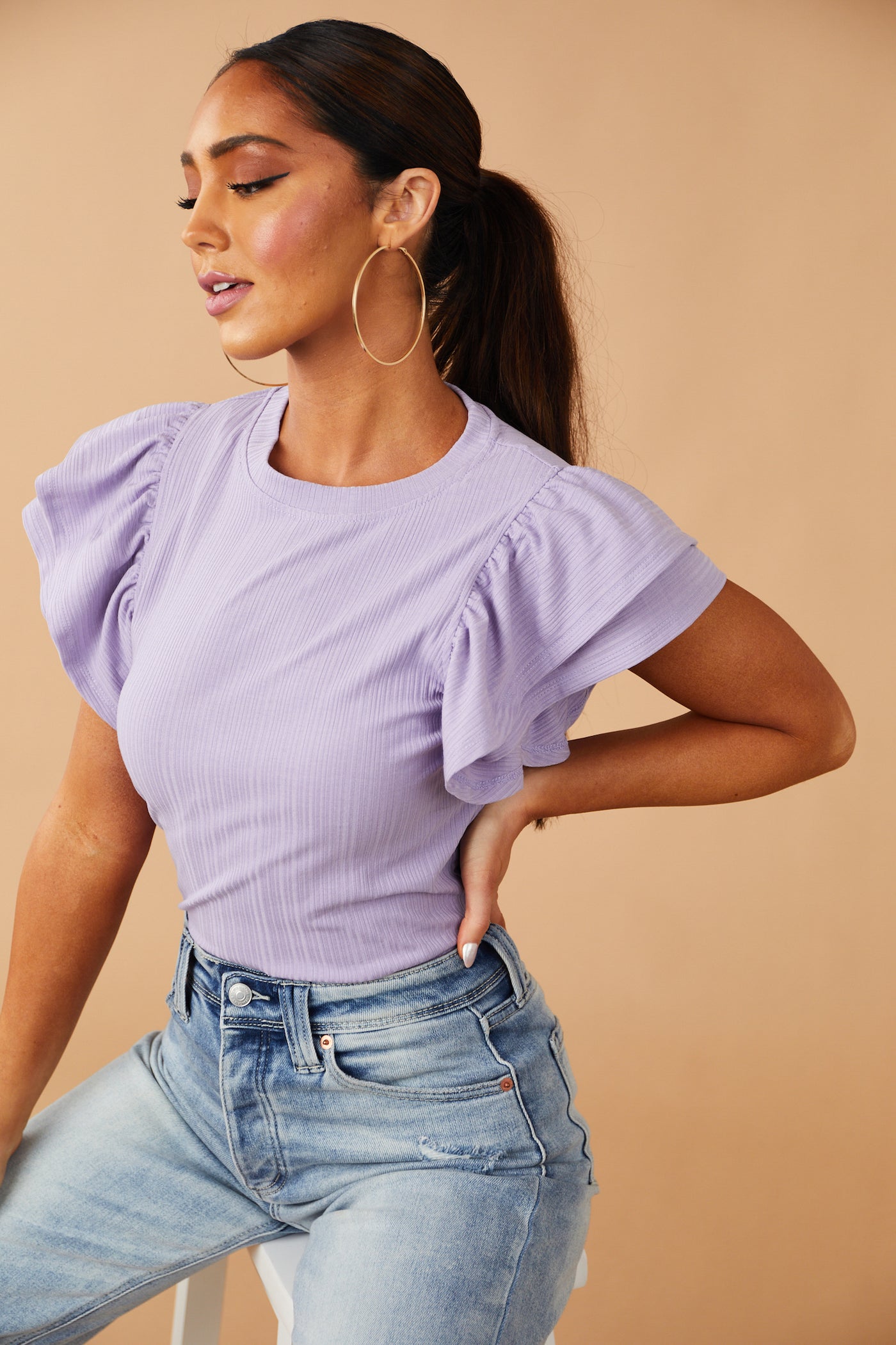 Lavender Tiered Ruffle Sleeve Ribbed Knit Top
