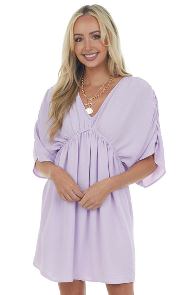 Lavender V Neck Cinch Waist Wide Sleeve Dress
