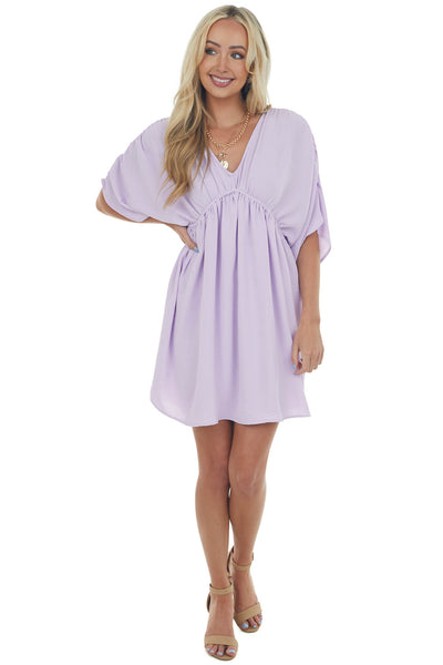 Lavender V Neck Cinch Waist Wide Sleeve Dress