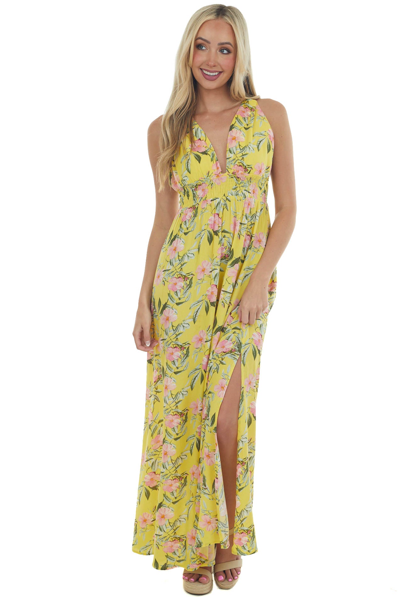 Lemon Floral V Neck Sleeveless Maxi Dress