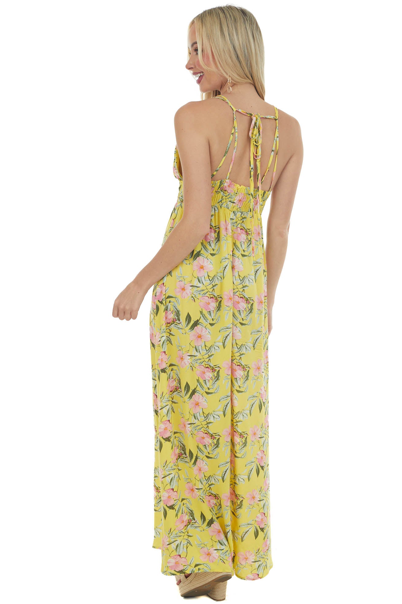 Lemon Floral V Neck Sleeveless Maxi Dress