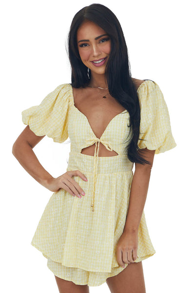 Lemon Gingham Print Layered Puff Sleeve Romper