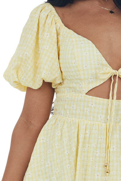Lemon Gingham Print Layered Puff Sleeve Romper