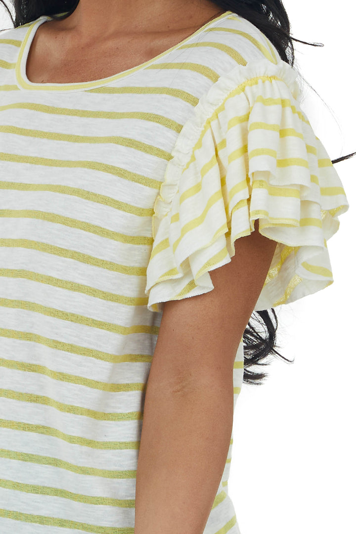 Lemon Striped Tiered Ruffle Sleeve Knit Top