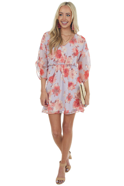 Light Lavender Floral Print V neck Short Dress