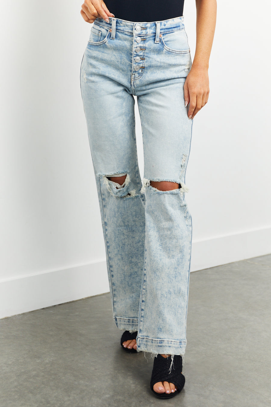 Light Mineral Wash Distressed Wide Leg Jeans