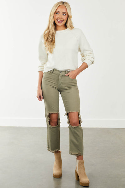 Light Olive Distressed Knee Boyfriend Jeans