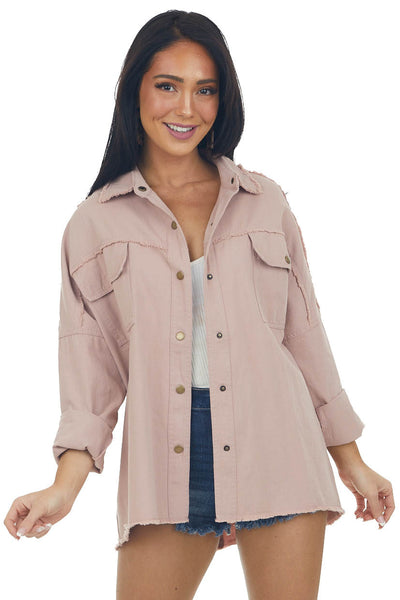 Light Rose Taupe Fraying Button Down Shacket