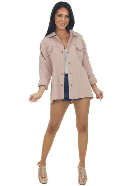 Light Rose Taupe Fraying Button Down Shacket