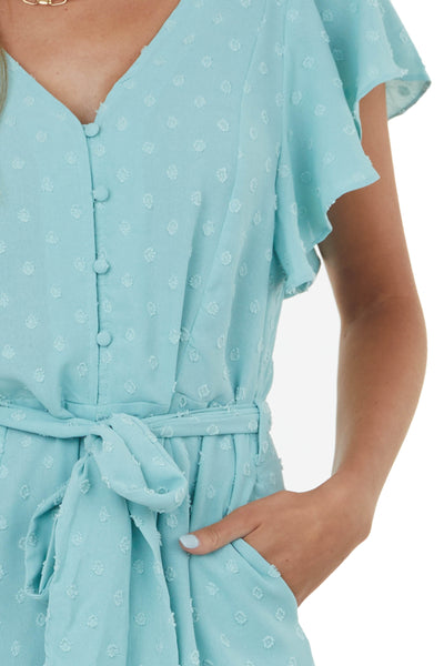 Light Teal Short Flutter Sleeve Swiss Dot Romper