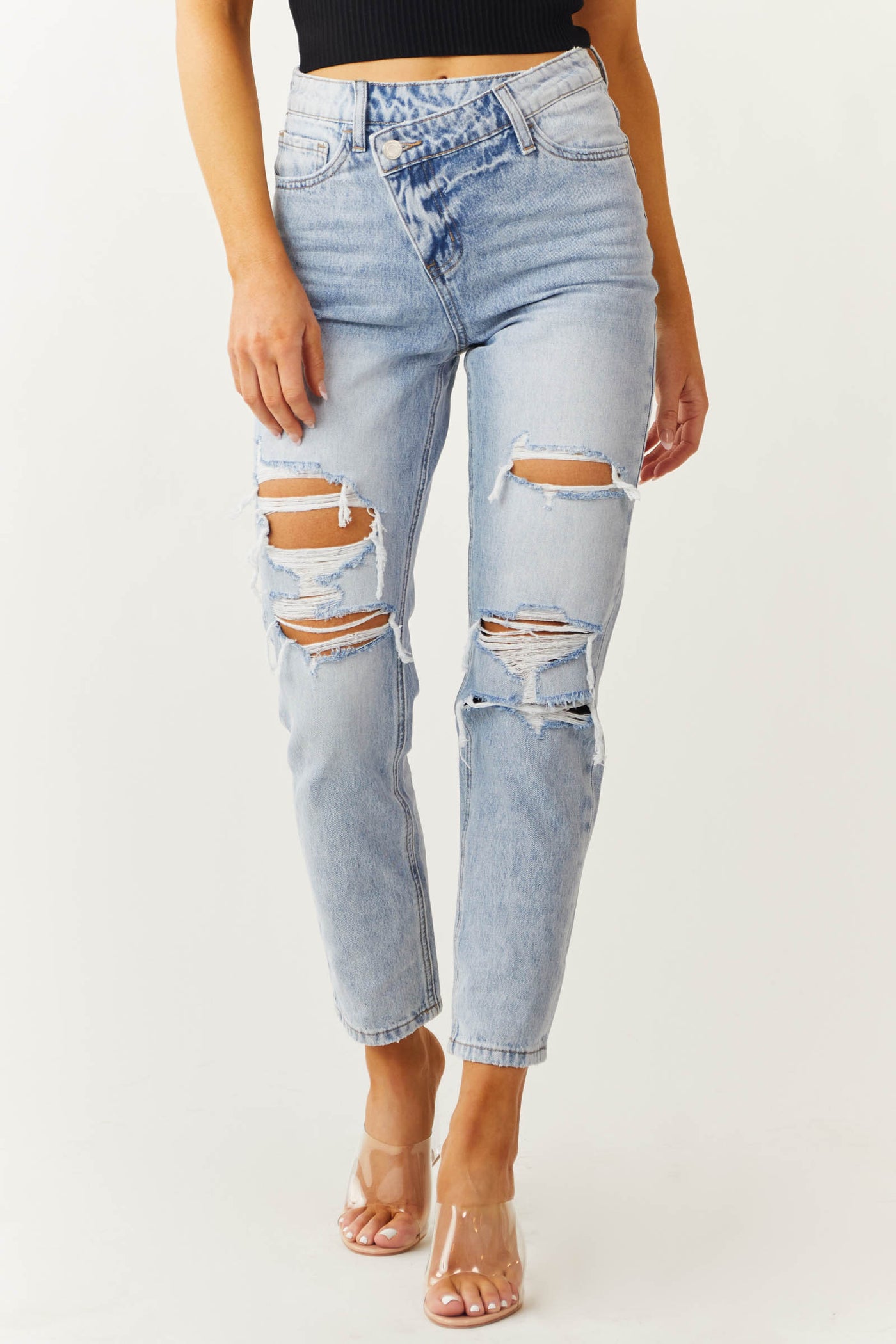 Light Wash Criss Cross Waist Distressed Mom Jeans