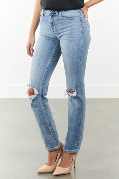Light Wash Distressed Knee Straight Leg Jeans