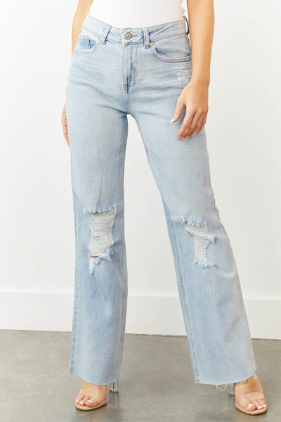 Light Wash Distressed Knee Wide Leg Jeans